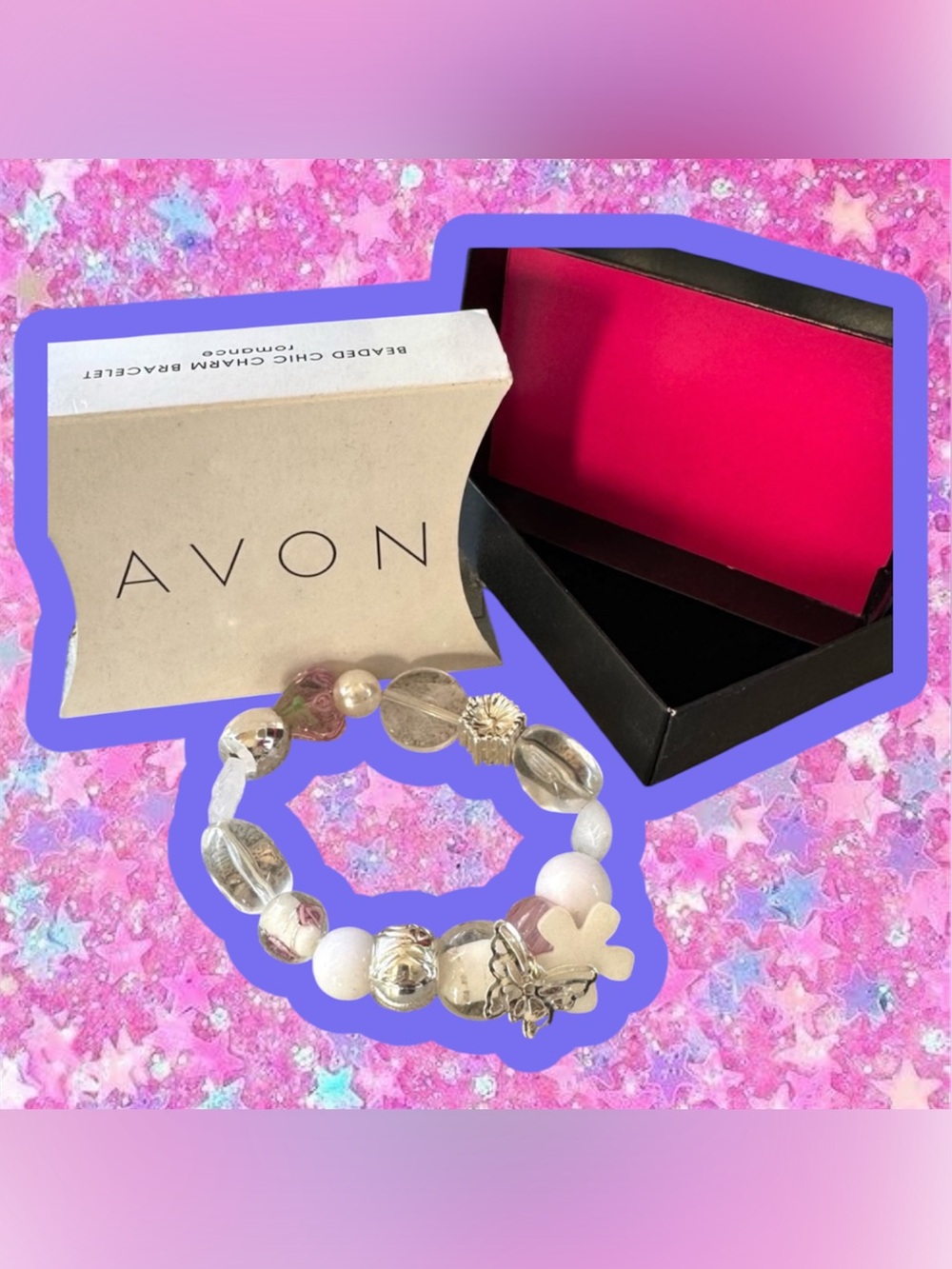 Avon Beaded Chic Charm bracelet Romance NIB NWT pearl butterfly rose stretch Y2K